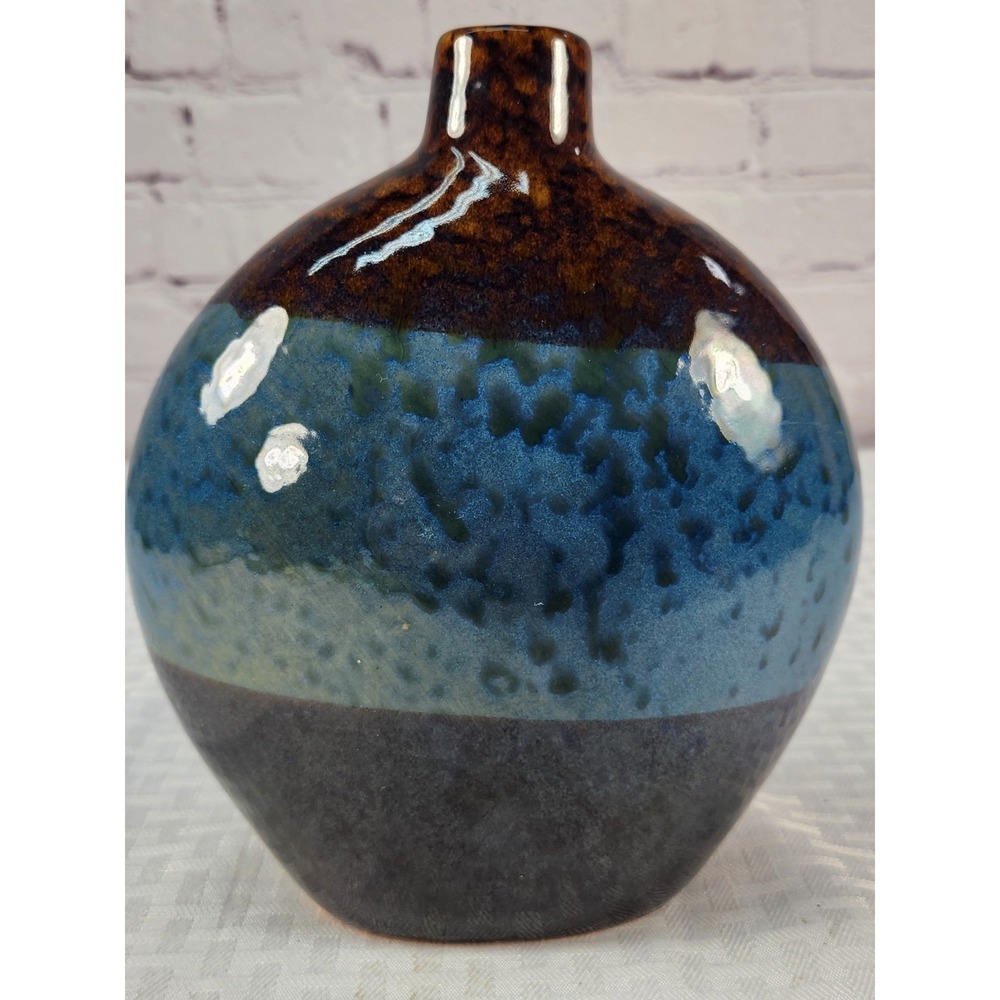 Vibrant Art Pottery Drip Glazed VASE Beautiful Colors Cobalt Blue Deep Brown Tan
